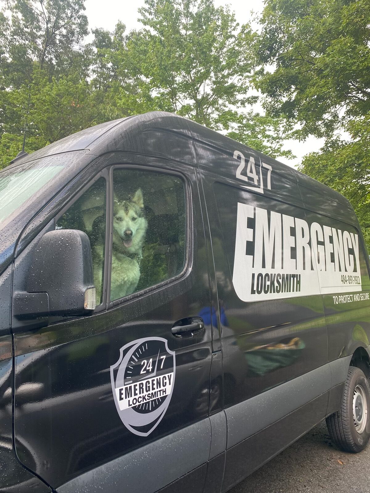 Dog looking through the window of an Emergency Locksmith service van